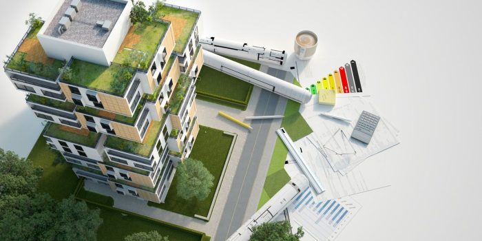 3D rendering of a Sustainable building architecture model with blueprints, energy efficiency chart and other documents