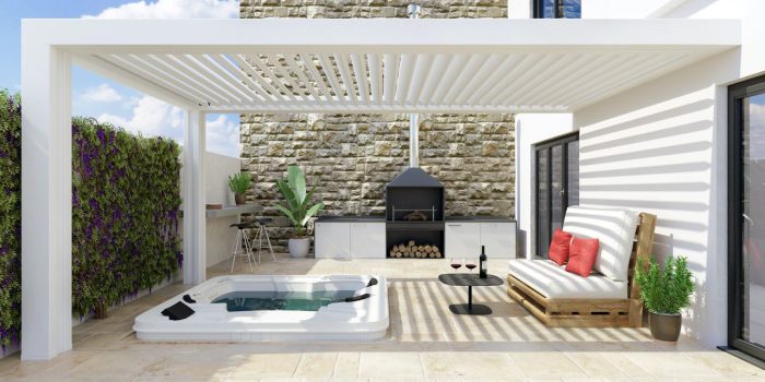 3D illustration of modern urban patio with white bioclimatic pergola and jacuzzi. Barbecue and white pallet couch next to hot whirlpool bath.