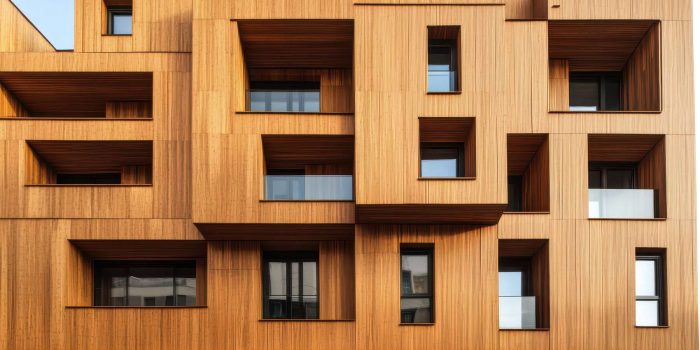 Modern apartment building facade with wooden cladding