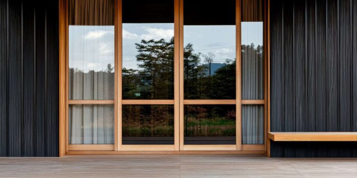 Wooden sliding doors feature large glass panels reflecting greenery outside in a contemporary building. Natural light floods the space highlighting clean lines and simplicity.