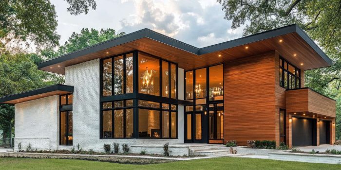 Stylish contemporary house with cedar siding, black-framed windows, white brick walls, and elegant exterior light fixtures