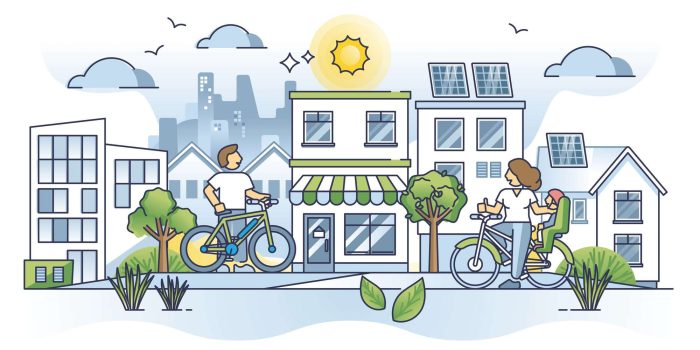 Sustainable lifestyle and modern ecological city outline concept. Green planet with organic and responsible resource consumption vector illustration. Nature conservation with renewable electricity.