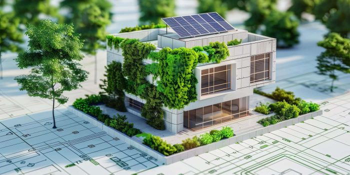 sustainable green building practices in architectural blueprints ecofriendly construction planning digital concept illustration